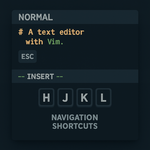 Vim editor interface showcasing normal and insert mode with navigation shortcuts