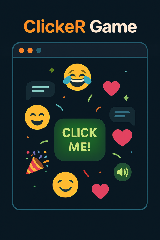 Browser window with a glowing Click Me button surrounded by emojis