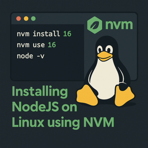 Terminal showing nvm install, nvm use, and node -v commands with the NVM logo and Linux penguin