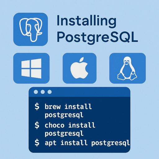 Terminal showing PostgreSQL installation commands for Windows, macOS, and Linux