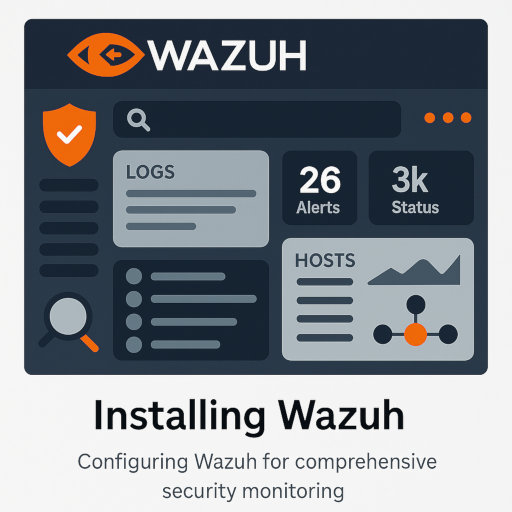 Wazuh security monitoring dashboard with logs, alerts, and host status panels
