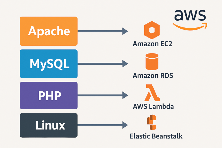 Diagram mapping LAMP stack components to AWS services