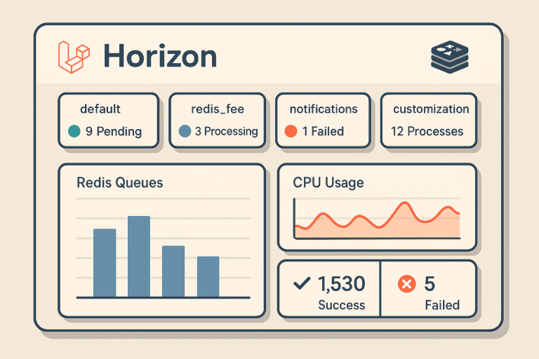 Horizon dashboard showing Laravel queue workers and Redis metrics