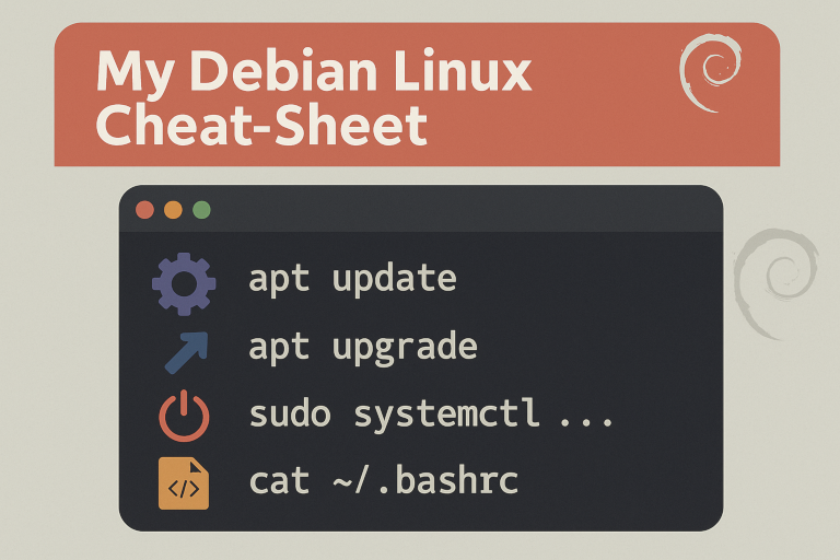Terminal displaying Debian Linux command cheat-sheet
