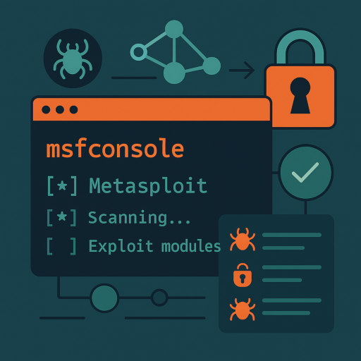 Metasploit console with vulnerability scan and exploit modules
