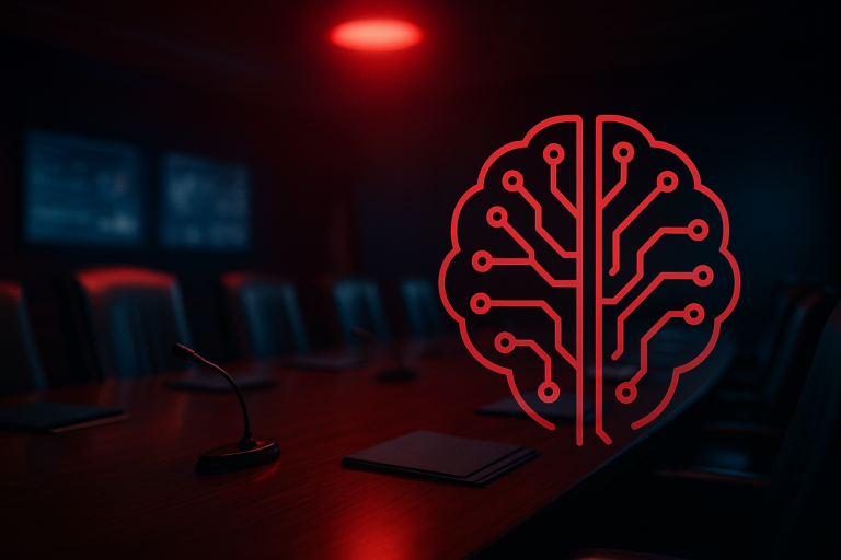 The White House Situation Room table under a red warning light with a stylized AI circuit silhouette